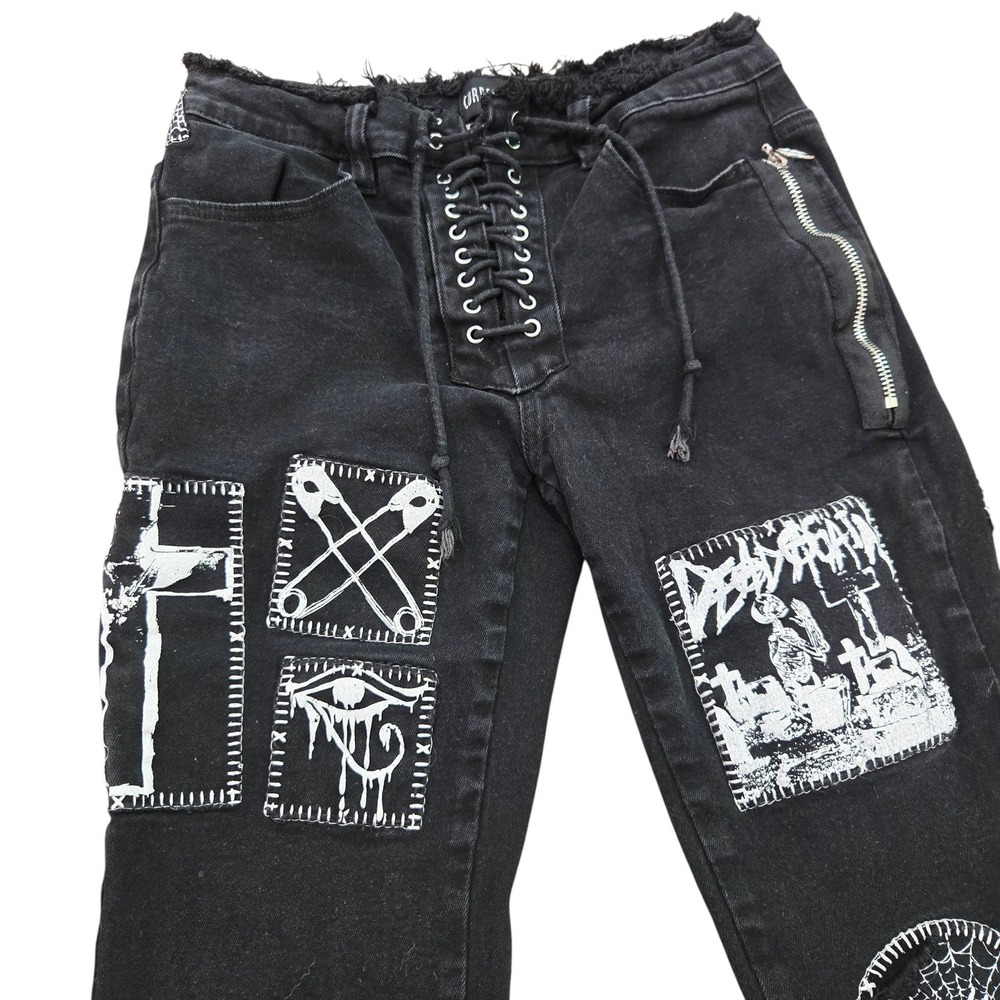 Current Mood Dolls Kill Black Jeans Womens Medium Patch Lace Up Punk Goth Skinny - Picture 2 of 16
